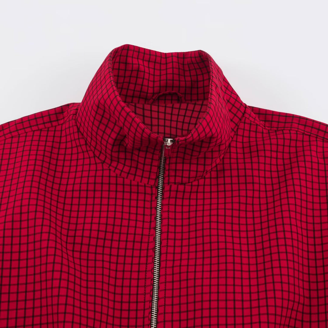 Women Checked Cropped Blouson with High Standing Collar, Loose Fit and Snap Button Cuffs Drune