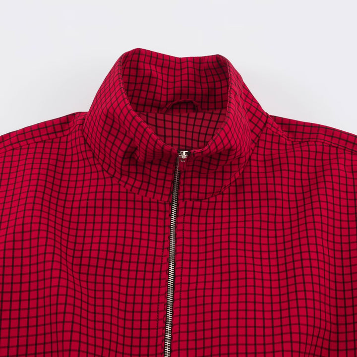 Women Checked Cropped Blouson with High Standing Collar, Loose Fit and Snap Button Cuffs Drune