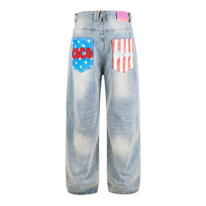 Ladies Wide High-Waist Jeans in Vintage Look with Elastic Hem and Statement Embroidery Mune Fashion
