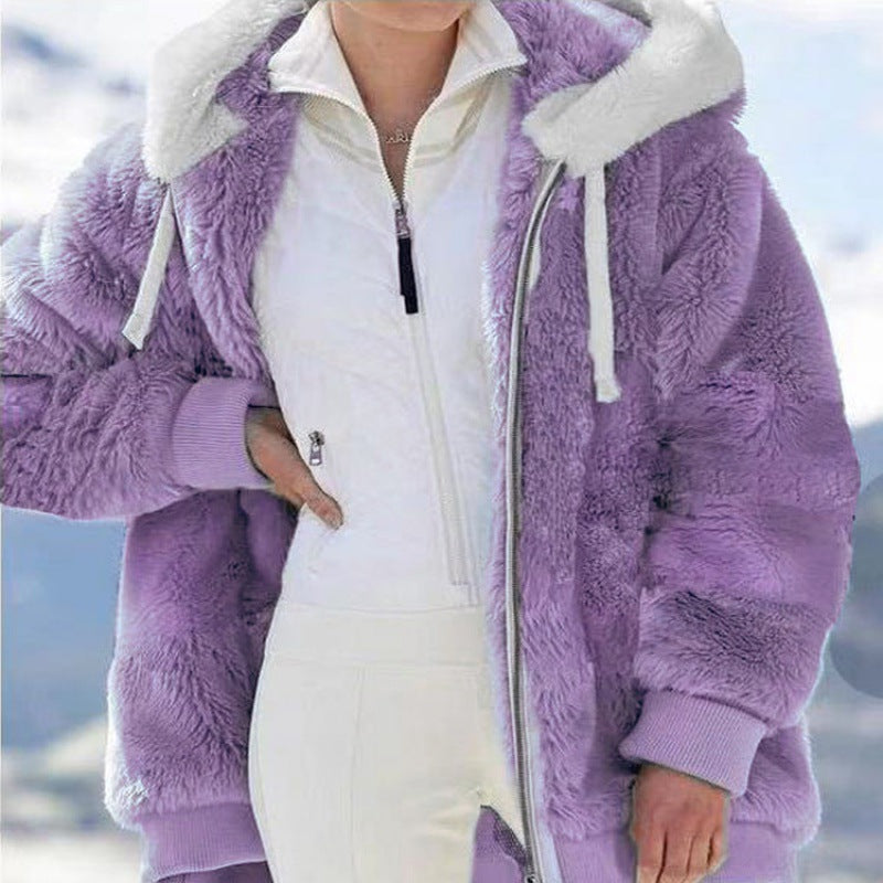Women's Oversized Sherpa Zip Jacket with Contrast Collar, Ribbed Cuffs, and Drawstring Mune Fashion