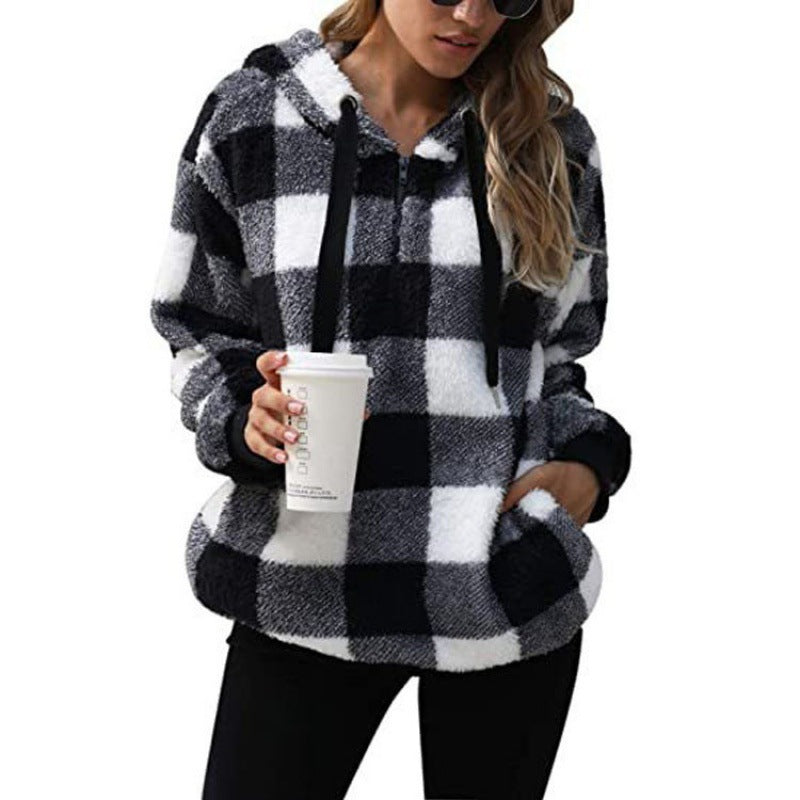 Women's Oversized Sherpa Hoodie in Check Pattern with Half Zipper and Kangaroo Pocket Mune Fashion