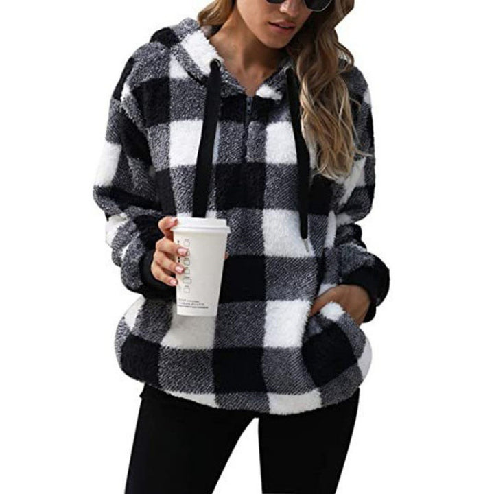 Women's Oversized Sherpa Hoodie in Check Pattern with Half Zipper and Kangaroo Pocket Mune Fashion