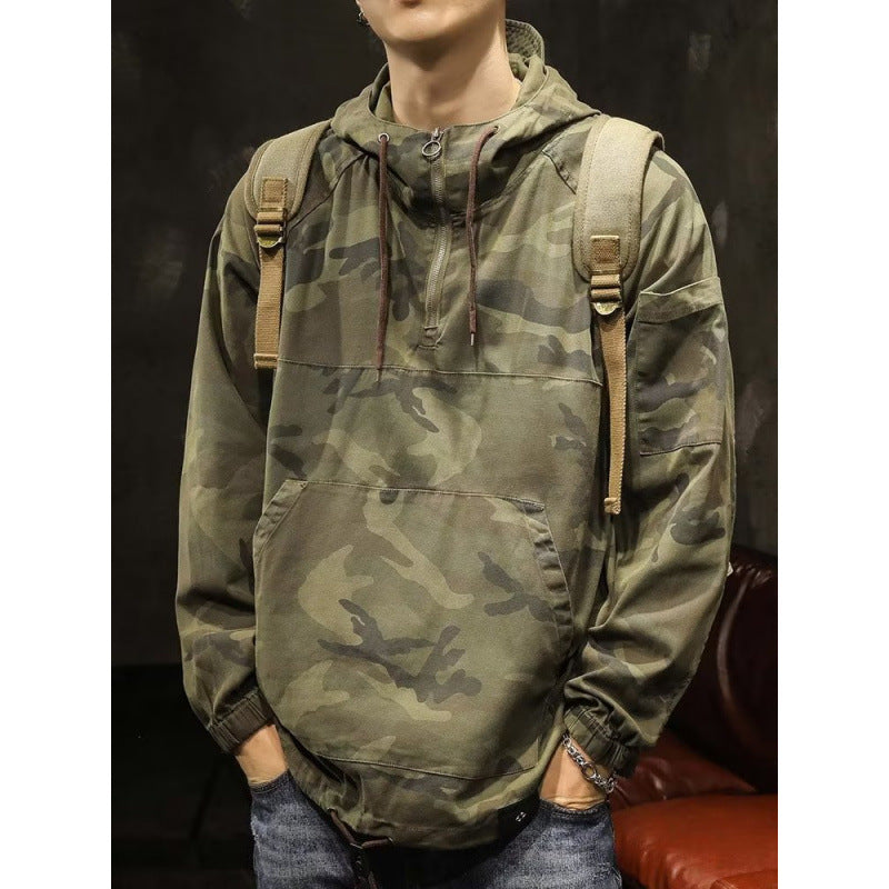 Men's Hooded Anorak with Half Zip, Kangaroo Pocket and Drawstring Hem Mune Fashion