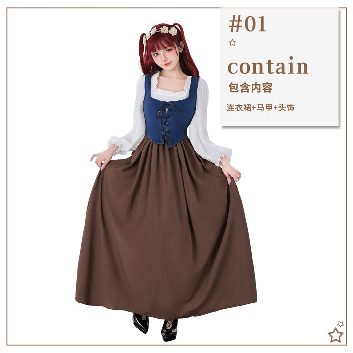 Women's medieval dirndl dress with laced bodice, wide ruffled sleeves, and floor-length skirt Mune Fashion