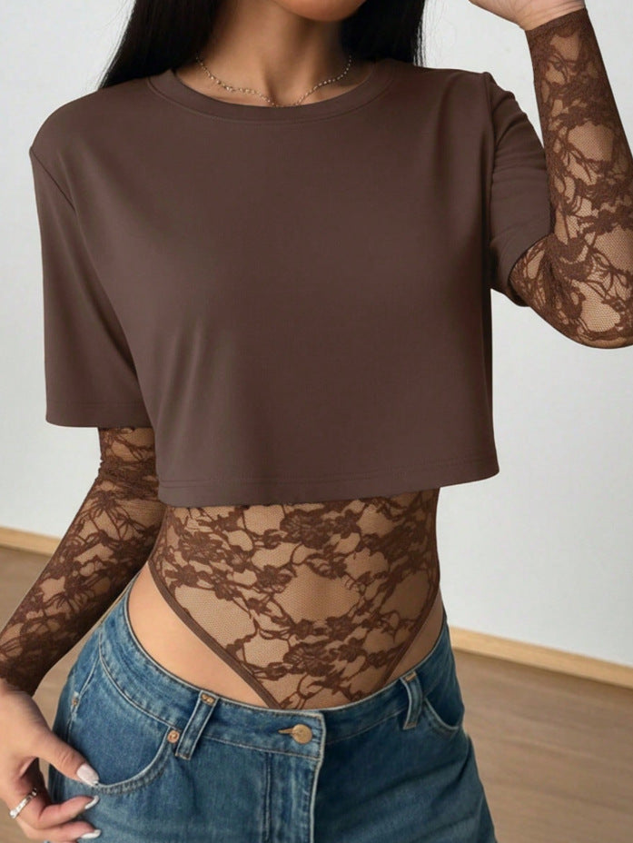 Women’s Short Cut Shirt with Transparent Lace Bodysuit Overlay Mune Fashion