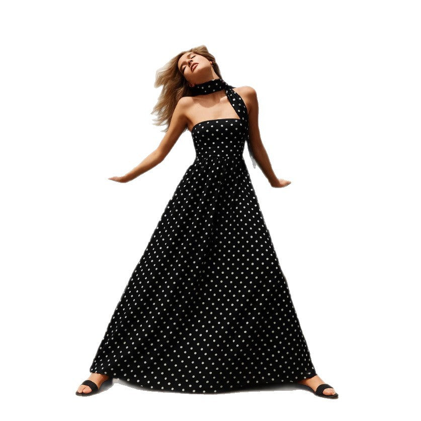 Women's strapless retro-inspired polka dot maxi dress with tailored bodice, voluminous circle skirt, and tie scarf Mune Fashion