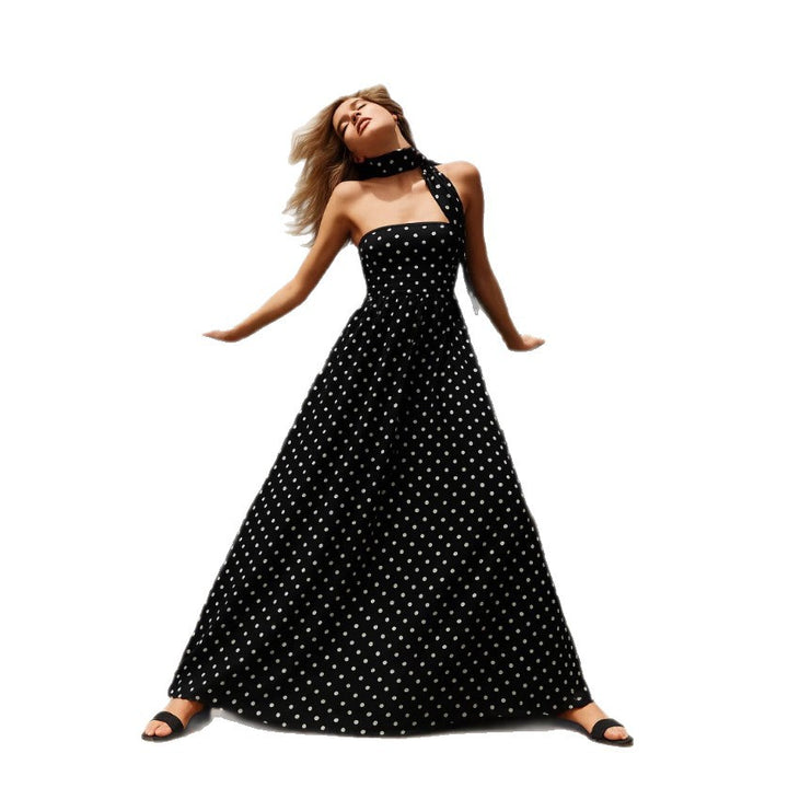 Women's strapless retro-inspired polka dot maxi dress with tailored bodice, voluminous circle skirt, and tie scarf Mune Fashion