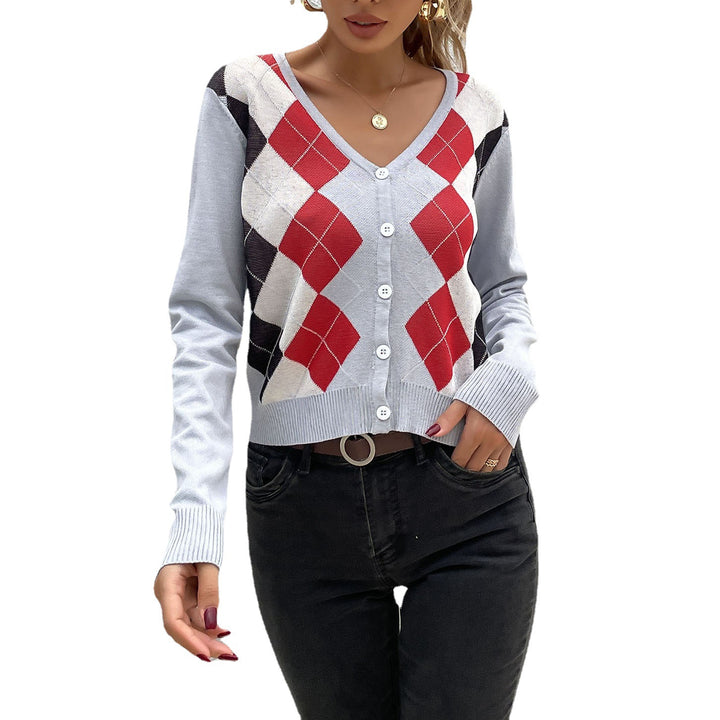 Ladies' Argyle Cardigan with deep V-neck, fine fine knit and button placket Mune Fashion