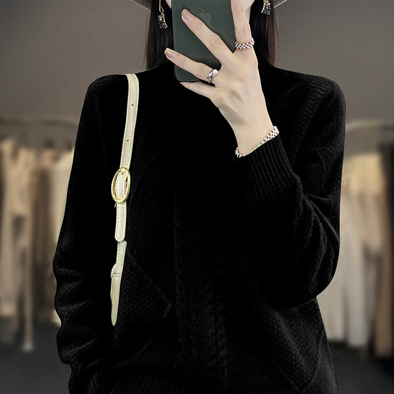 Women's Soft Cable Knit Mock Neck Sweater with Structure Patches and Fluffy Mohair Look Mune Fashion