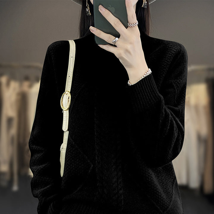 Women's Soft Cable Knit Mock Neck Sweater with Structure Patches and Fluffy Mohair Look Mune Fashion