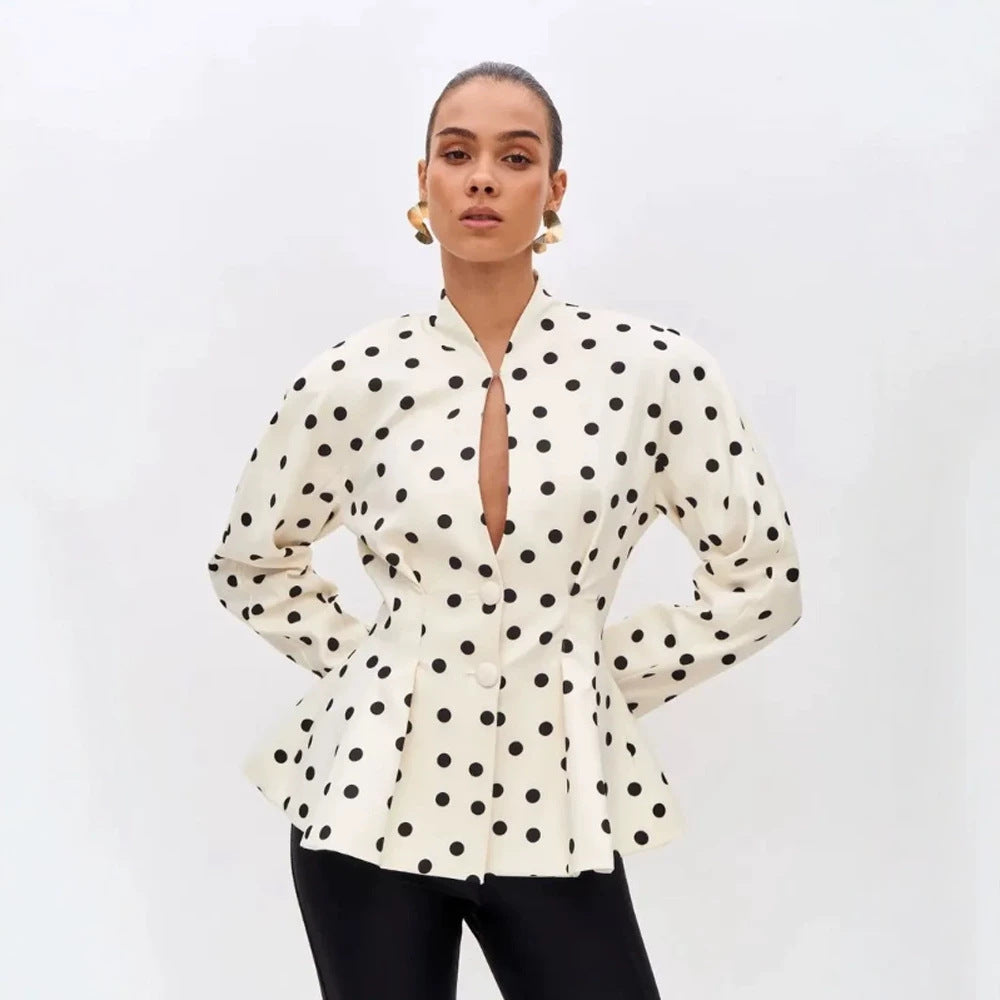 Women's Polka Dot Fitted Peplum Blouse with Stand-up Collar and Concealed Button Placket Mune Fashion
