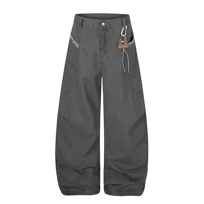 Women Extra Wide Palazzo Trousers with High Waist, Cargo Pockets and Decorative Keychain Mune Fashion