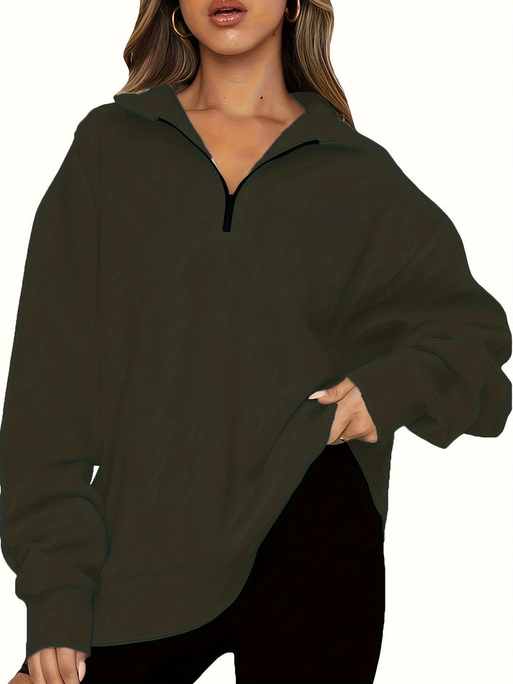 Women nan Oversized Sweatshirt with Short Zip, Stand-up Collar and Kangaroo Pocket Mune Fashion