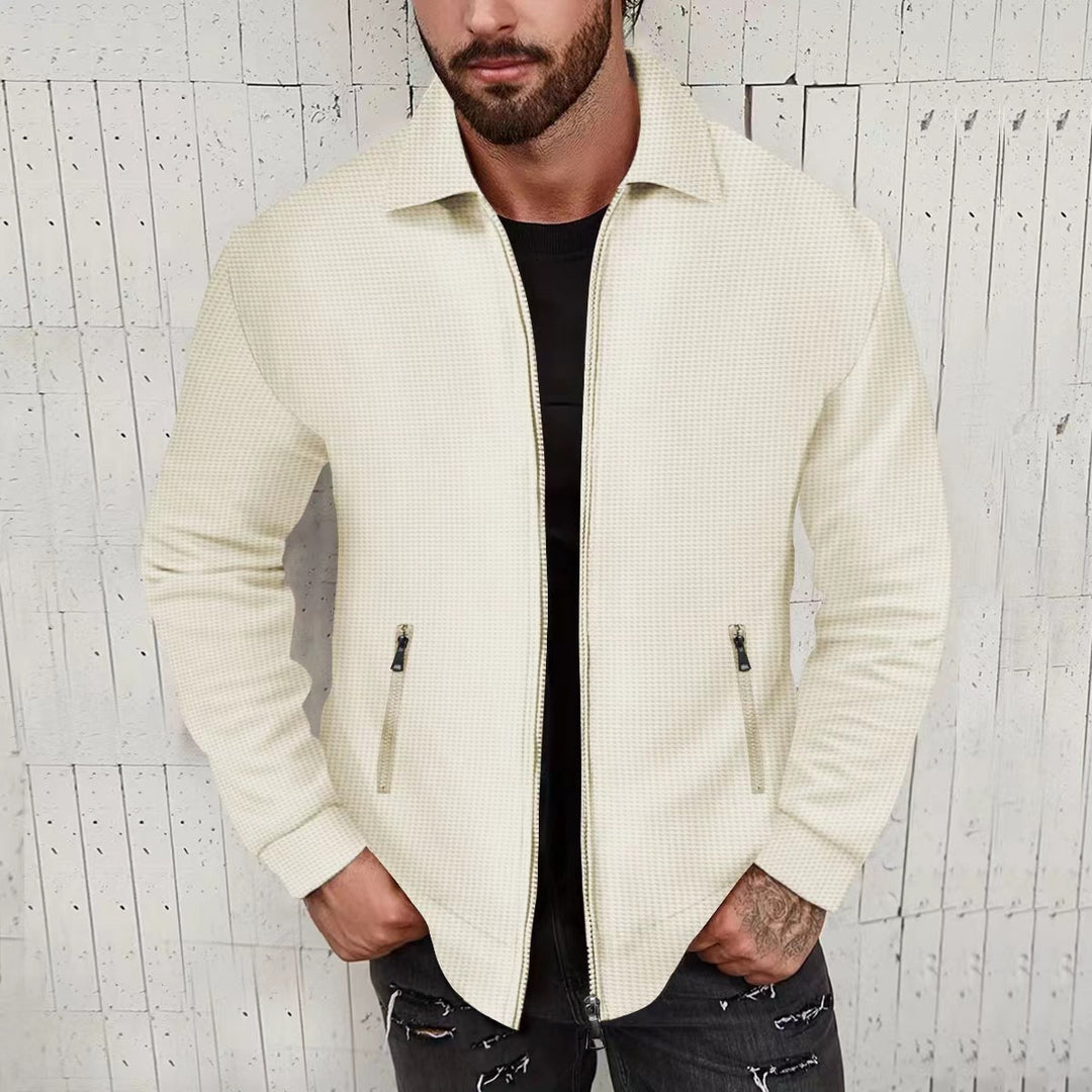 Men's nano minimalist stand collar fine knit transitional jacket with two-way zipper and concealed zip pockets Mune Fashion