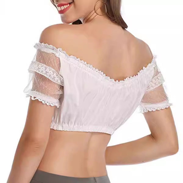 Women's short Carmen blouse with lace sleeves and gathered drawstring Mune Fashion