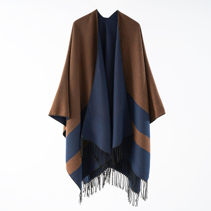 Ladies multifunctional fringe wrap poncho made of wool blend with double-layered drape