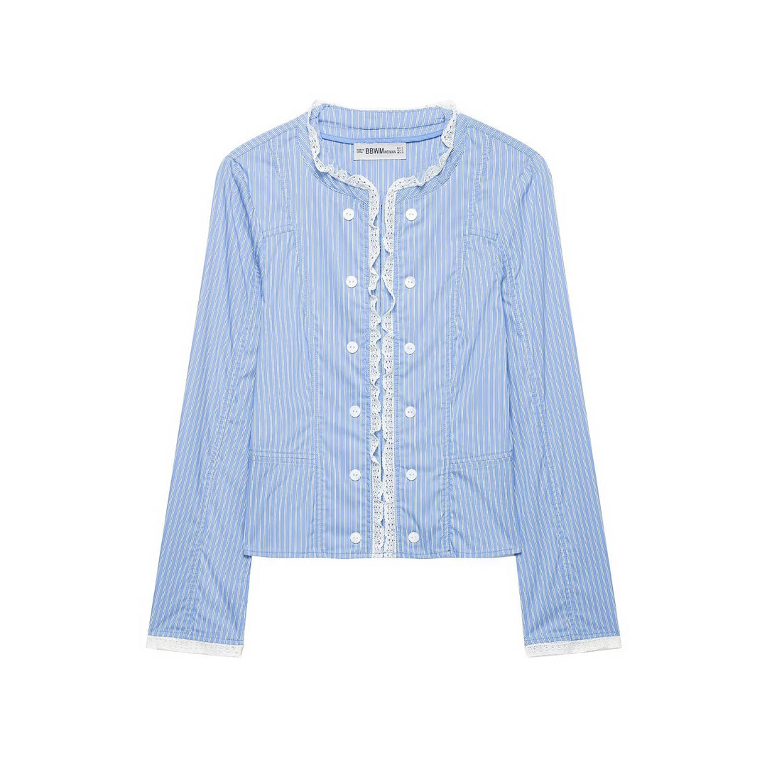 Women's Short Blazer with Lace Trim and Fine Pinstripe Drune