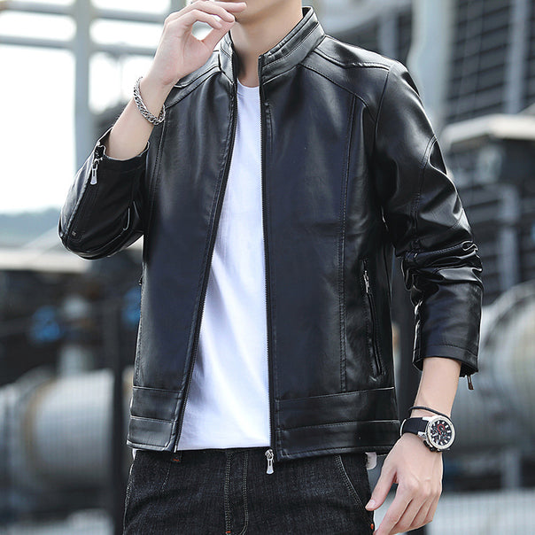 Men's Faux Leather Moto Jacket in Slim Aviator Cut with High Standing Collar and Zipper Sleeves Mune Fashion