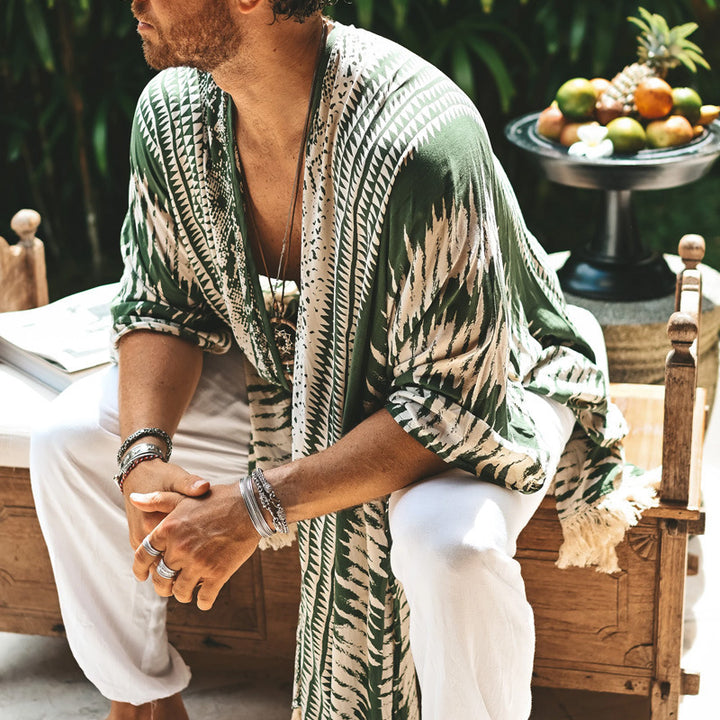 Men's Lightweight Ethno Beach Kaftan with V-Neck and Fringes Mune Fashion