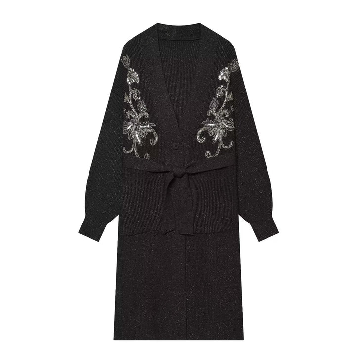 Women’s Long Knitted Cardigan with Waist Belt and Sequin Embroidery Mune Fashion