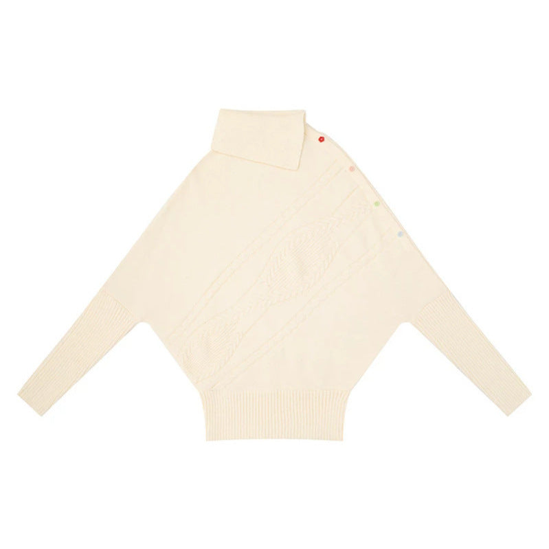 Women's oversized sweater with roll neck, asymmetric shoulder button placket and cable knit details Mune Fashion