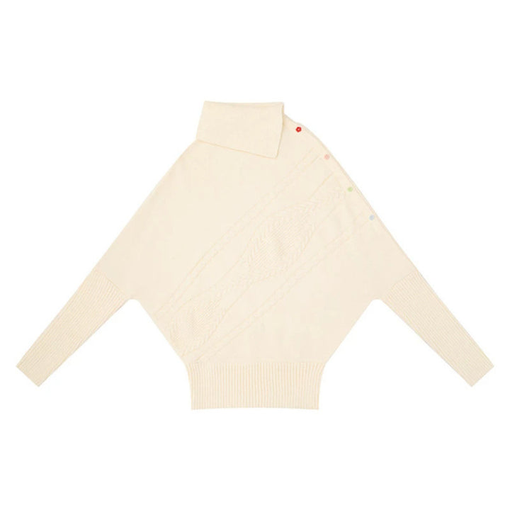 Women's oversized sweater with roll neck, asymmetric shoulder button placket and cable knit details Mune Fashion