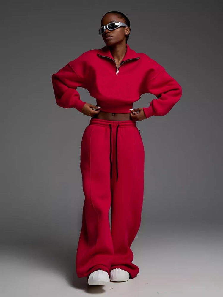 Women's short Half-Zip sweatshirt set with high-waisted wide lounge jogging pants Mune Fashion