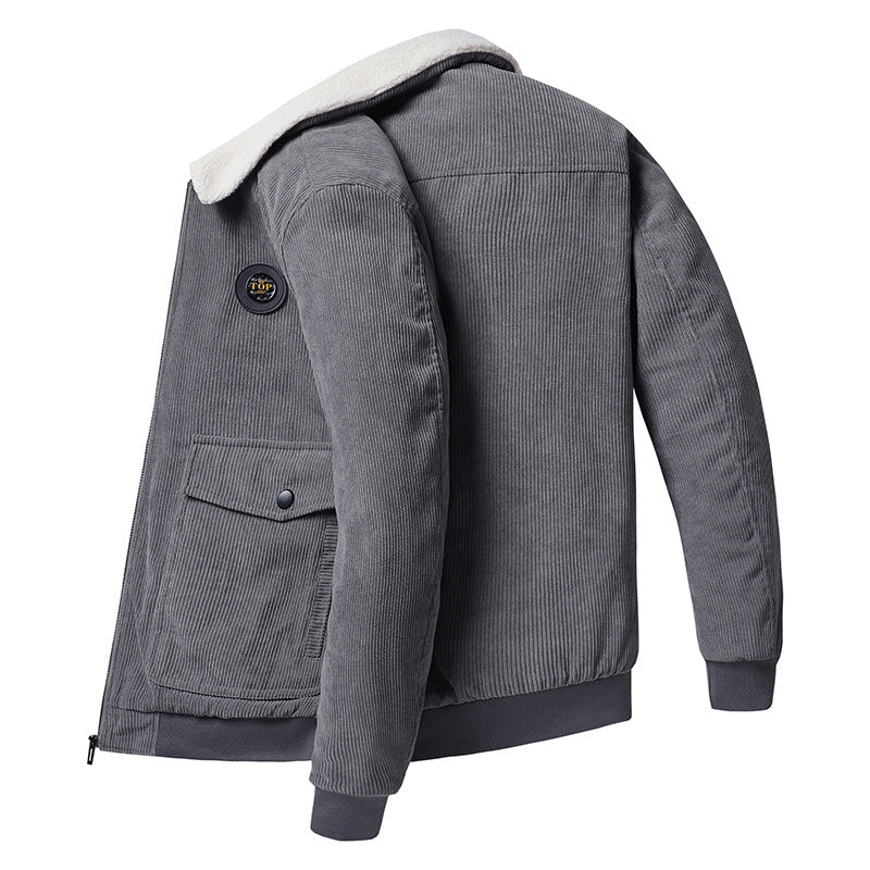 Men's cord jacket with teddy collar, patch flap pockets, and elastic cuffs.