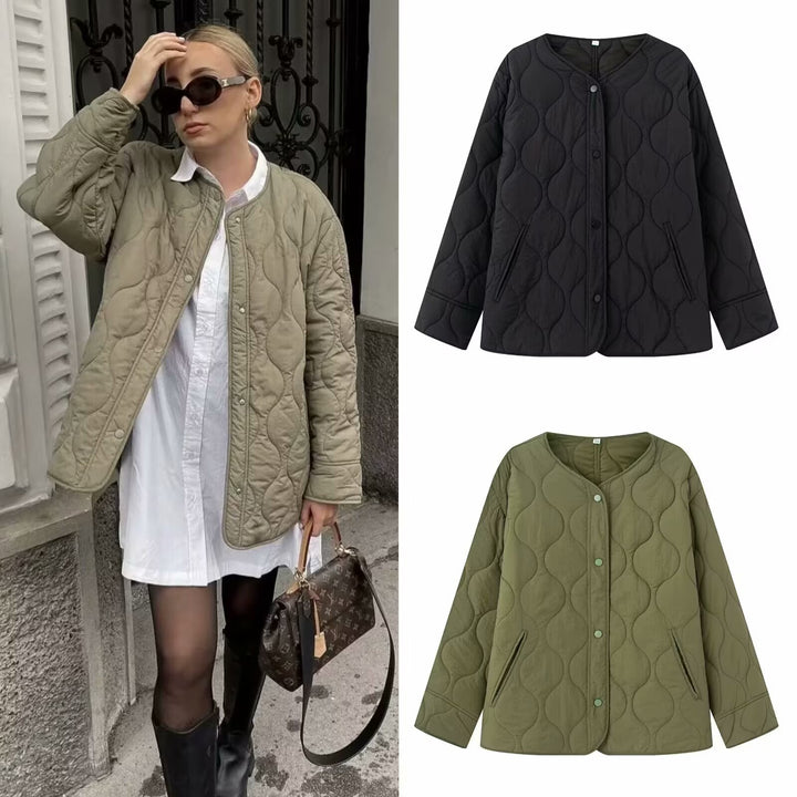 Women’s quilted transitional jacket with round neckline, light thermal padding, and concealed snap buttons Mune Fashion