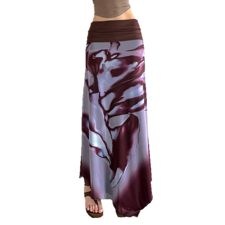 Women Asymmetrical Layered Chiffon Maxi Skirt with Folded Waistband and Watercolor Print Mune Fashion