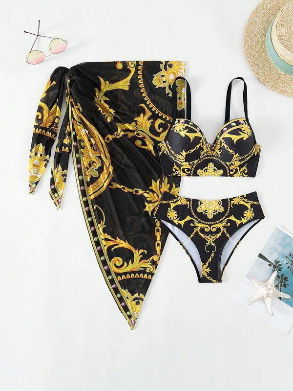 Women's bikini set with elegant pattern mix and transparent beach tunic Mune Fashion