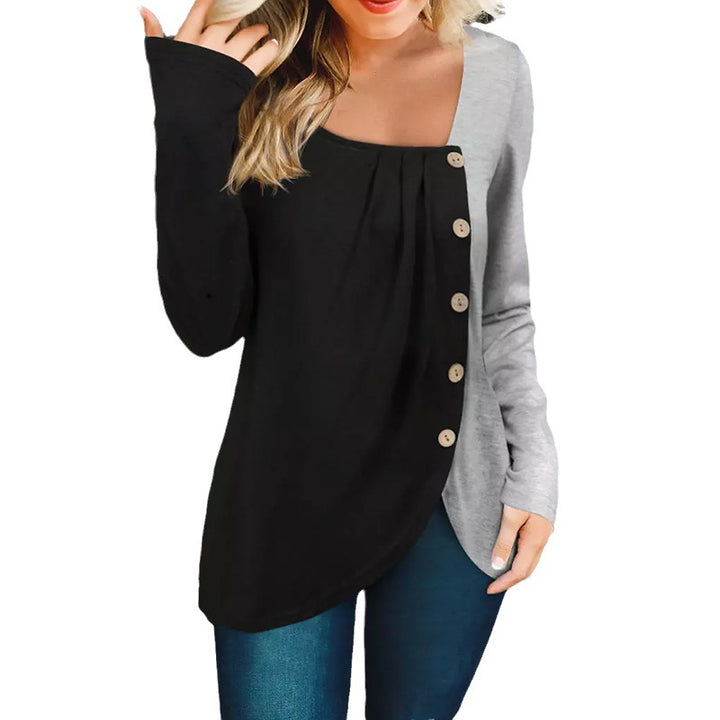 Women's long sleeve shirt with asymmetric hem, two-tone look and decorative button placket Mune Fashion