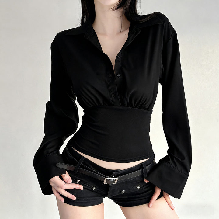 Women's fitted cropped blouse with shirt collar and wide stretchy waistband Mune Fashion