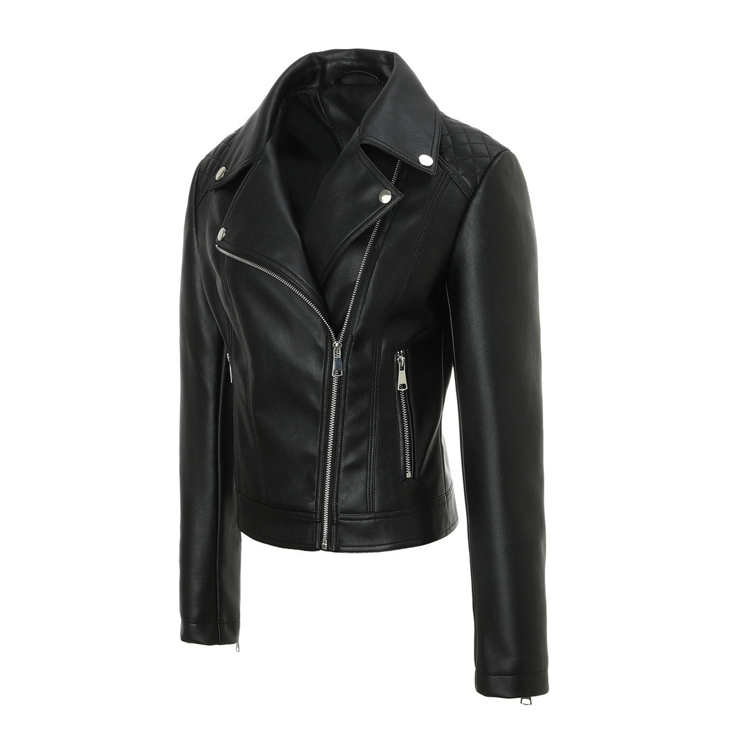 Women Tailored Biker Leather Jacket with Quilted Shoulders Mune Fashion
