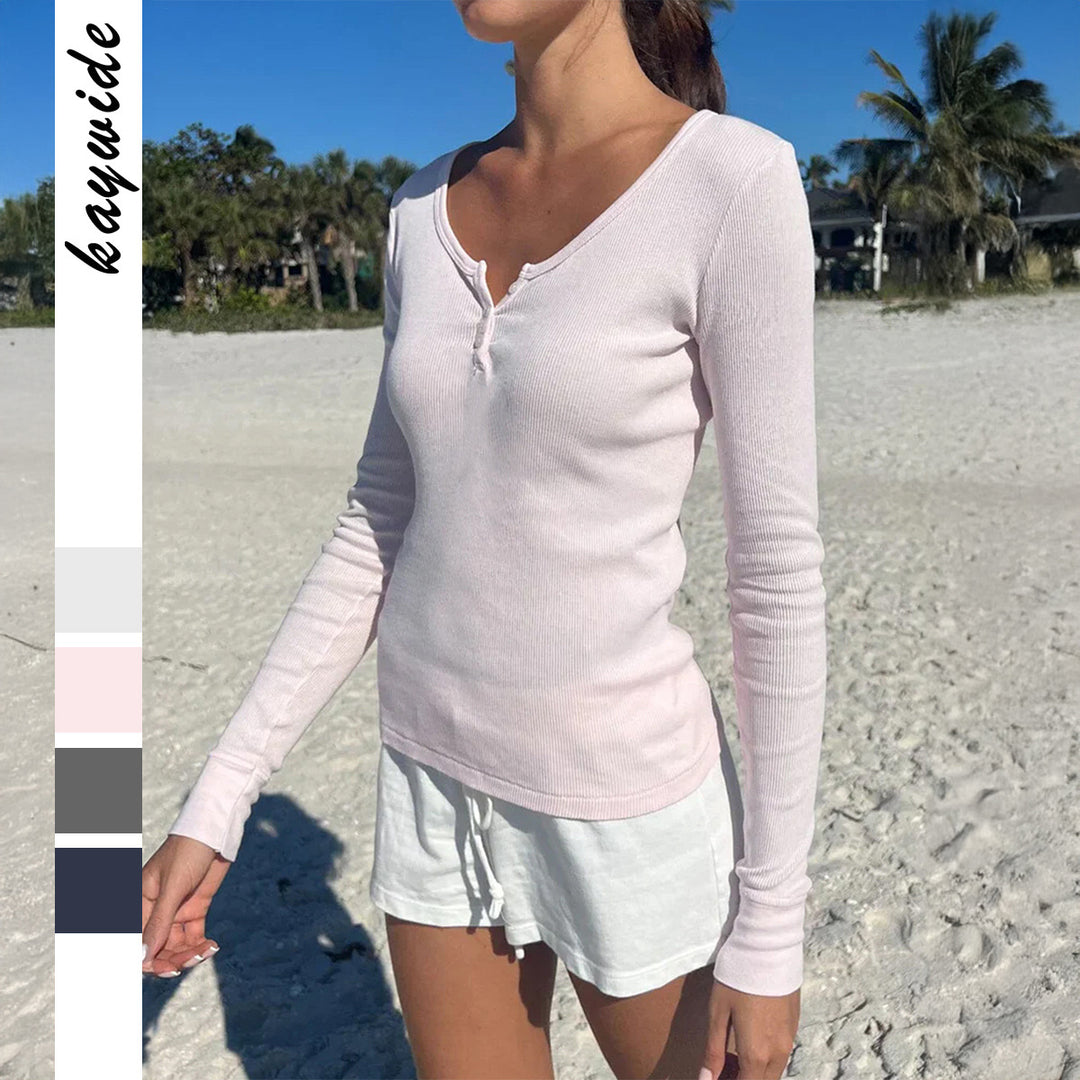 Women's fitted Henley long-sleeve shirt with deep U-neck, fine ribbed texture, and decorative button placket Mune Fashion