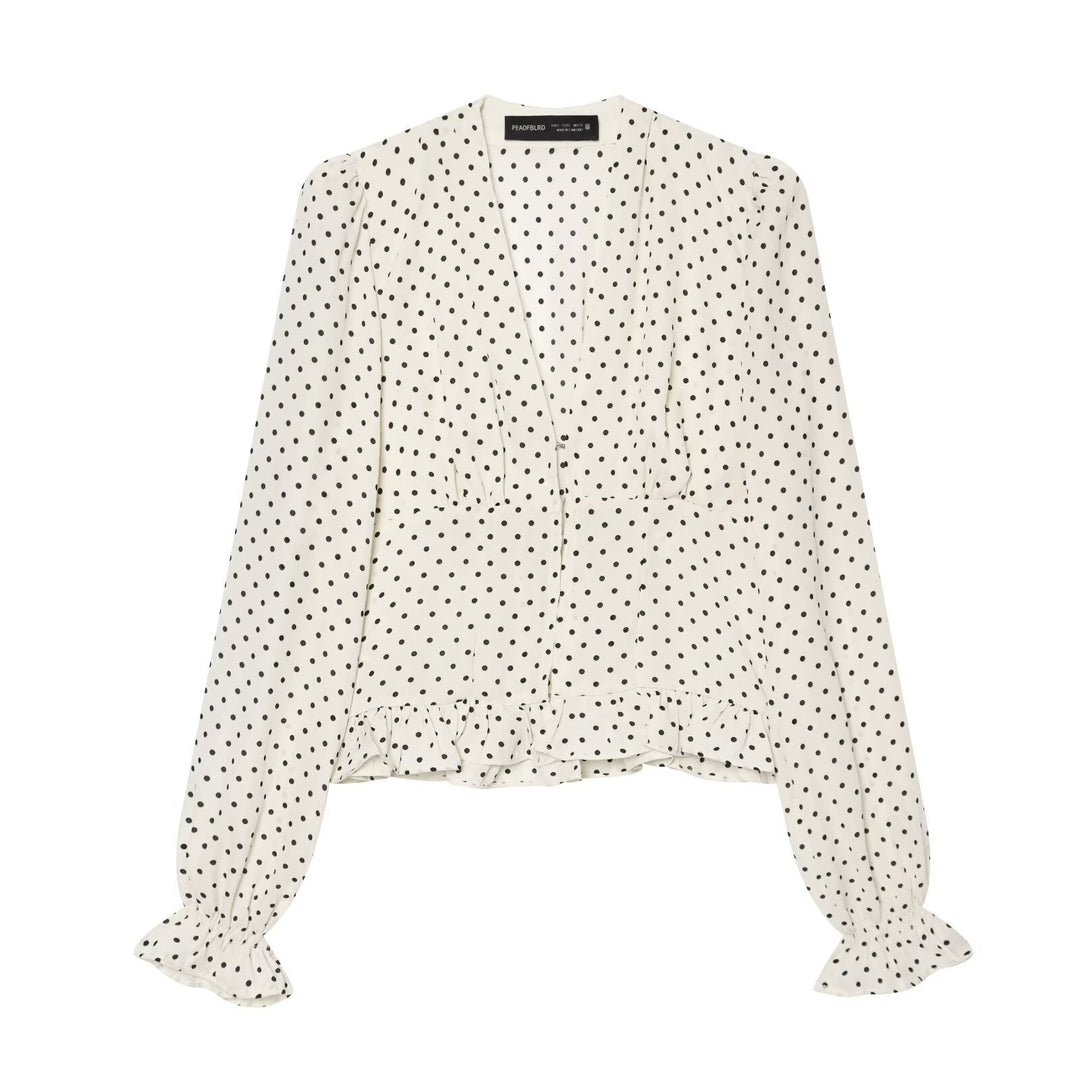 Women Polka Dot Blouse with V-Neck, Ruffled Hem and Balloon Sleeves Mune Fashion