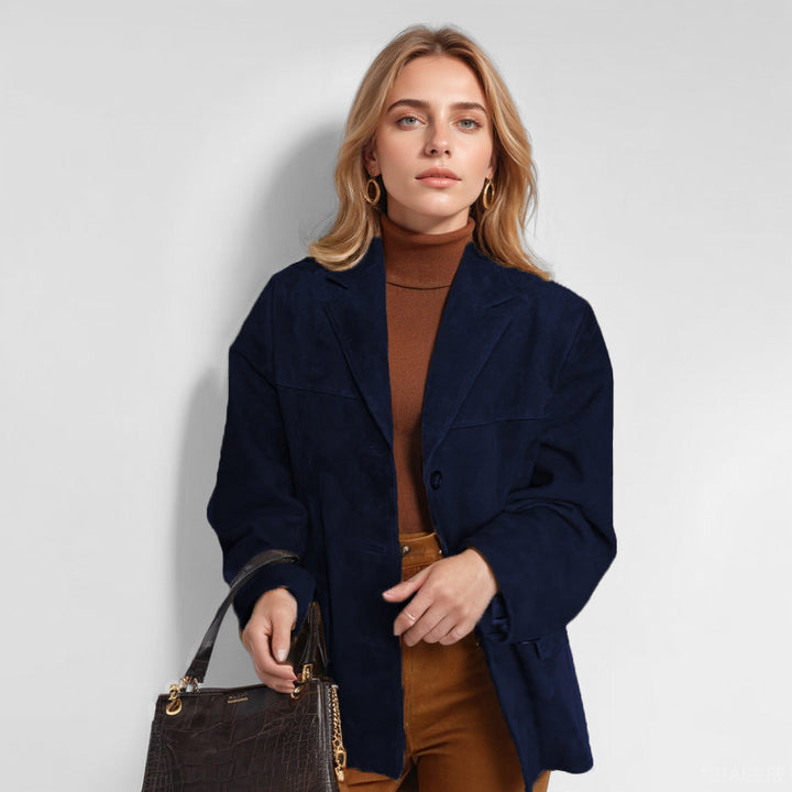 Women's Oversize Suede Blazer with Lapel Collar and Patch Pockets Mune Fashion