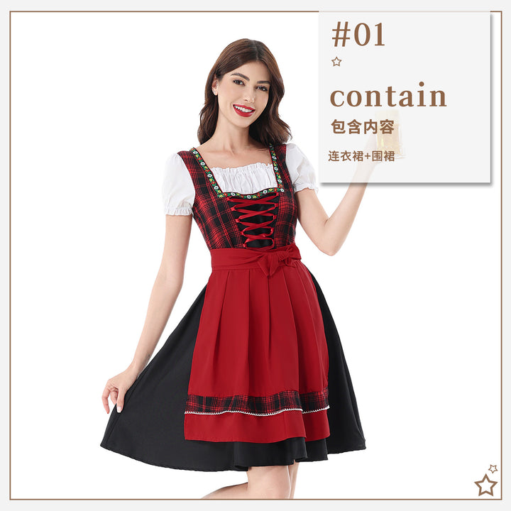 Ladies traditional Dirndl dress with checkered bodice and quilted apron Mune Fashion