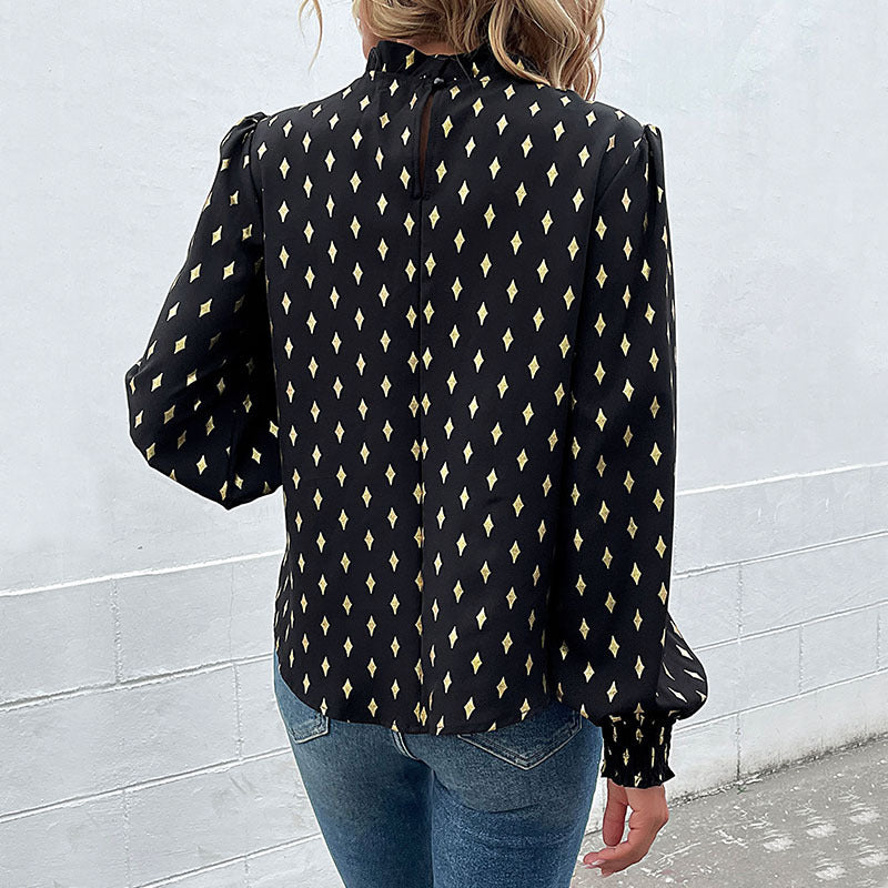 Women Elegant Blouse with Ruffles and Diamond Pattern Mune Fashion