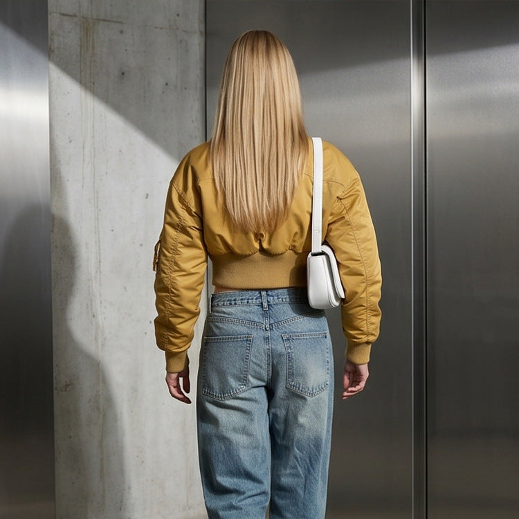 Women’s Short-Cut Utility Bomber Jacket with Practical Pockets and Ribbed Cuffs Mune Fashion