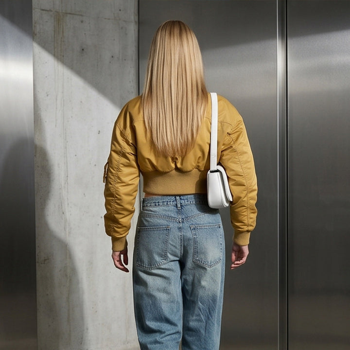 Women’s Short-Cut Utility Bomber Jacket with Practical Pockets and Ribbed Cuffs Mune Fashion