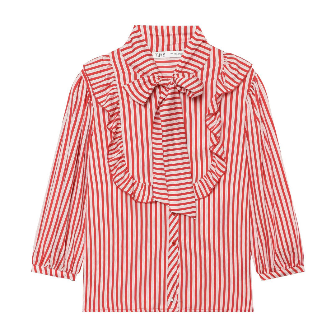 Women's Long Sleeve Striped Blouse with Generous Ruffle Collar and Tie Detail Drune
