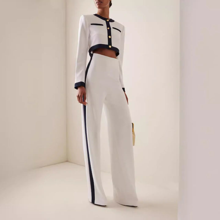 Women's Short Cropped Tailoring Set with Contrast Piping and High-Waist Palazzo Pants Mune Fashion
