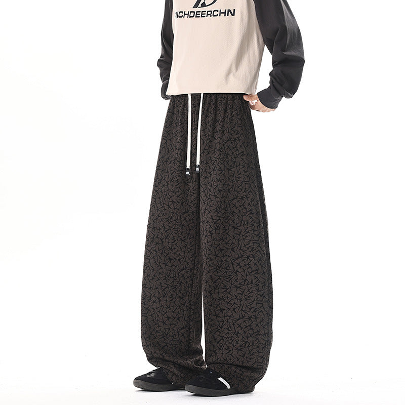 Men's Extra Wide Fleece Lounge Pants with Allover Texture Print and Drawstring Mune Fashion