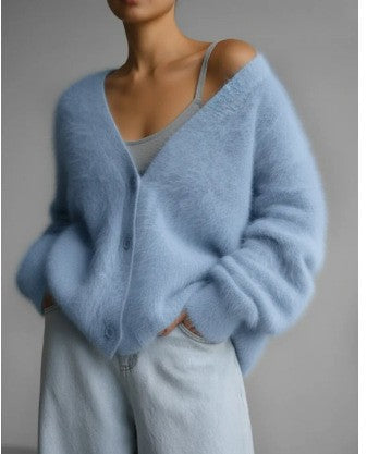 Women Fluffy Mohair-Optic Cardigan with V-Neck and Oversize Cut Mune Fashion