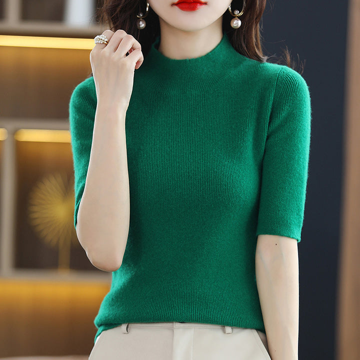 Women's Short Sleeve Fine Knit Sweater with Stand-Up Collar and Tailored Fit Mune Fashion