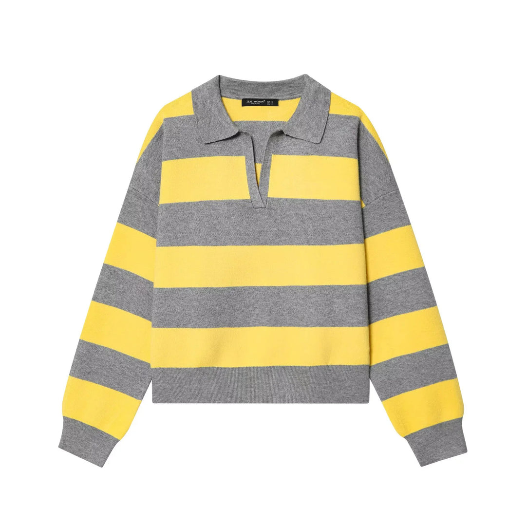 Women striped rugby pullover with polo collar, V-neck and boxy oversized silhouette Mune Fashion