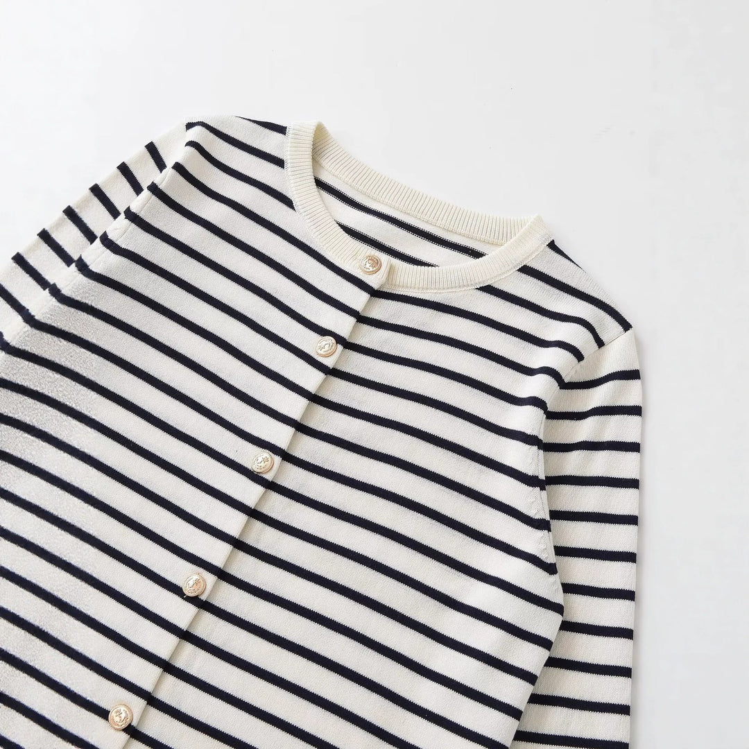 Women's Maritime Fine Knit Cardigan with Decorative Button Placket and Round Neckline Mune Fashion