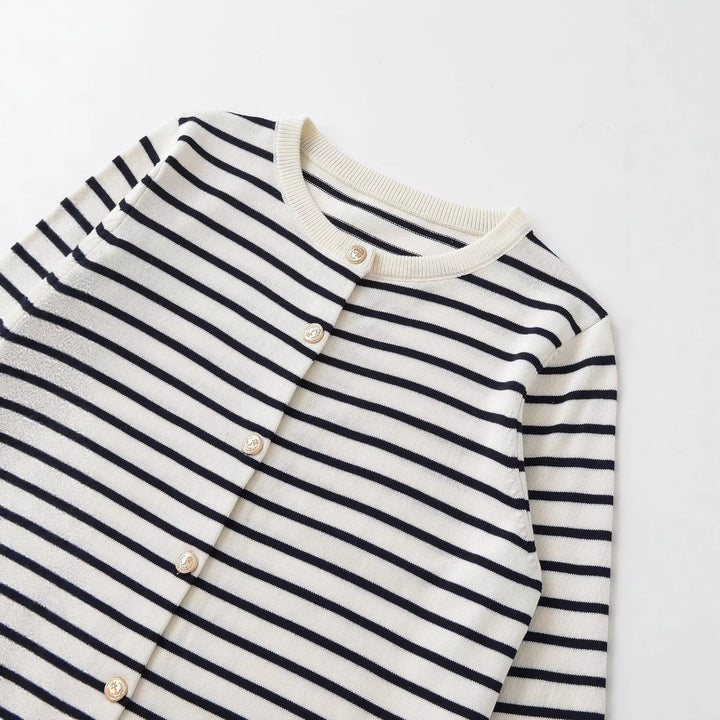 Women's Maritime Fine Knit Cardigan with Decorative Button Placket and Round Neckline Mune Fashion