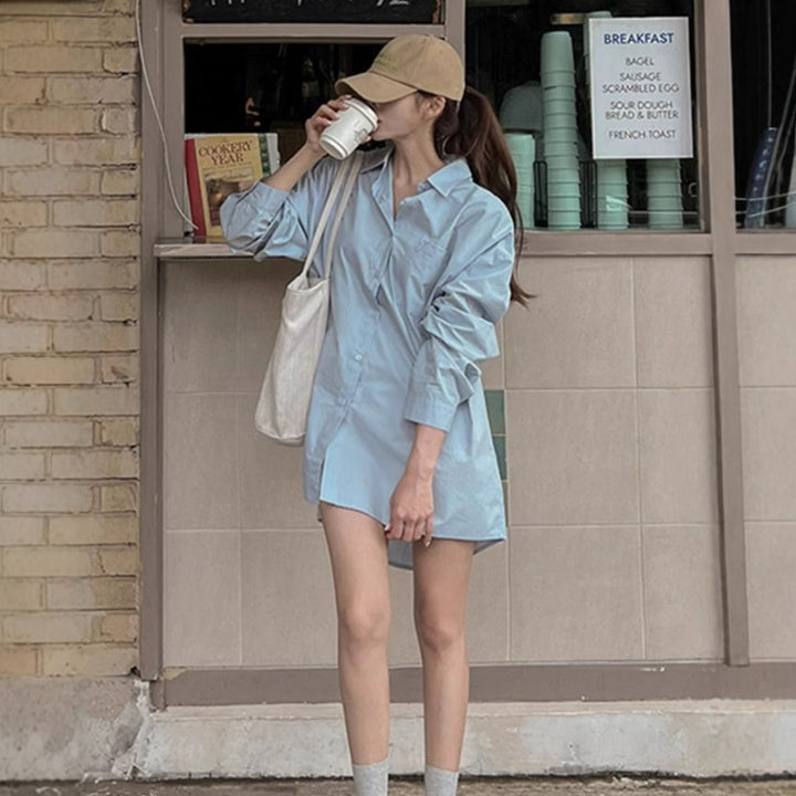 Women Lightweight Oversized Poplin Shirt Dress with Boxy Silhouette and Wide Cuffs Mune Fashion